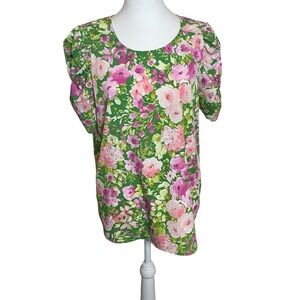Pleione Green Pink Floral Blouse Ruched Short Sleeves Medium Garden Flower Roses